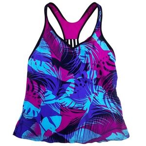 ZeroXposur Womens Tropical Leaf Racerback Tankini Swim Top Purple Blue Pink